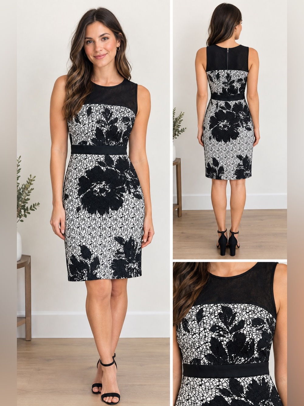Julian Taylor Black & White Sleeveless Lace-Overlay Midi Dress